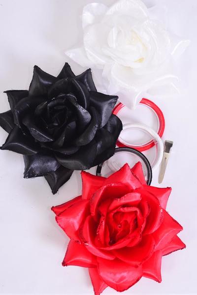 Flower Silk Flower Tea-Rose Large Glitter Trim Red White Black Mix / 12 pcs Flower = Dozen Size - 5.5" Wide , Alligator Clip & Brooch & Elastic , 4 Red , 4 White , 4 Black Color Asst  Hang Tag & UPC Code , W Clear Box