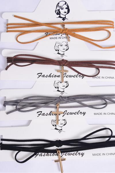Necklace Choker Faux Suede Cord String Wrap Bolo Tie Cross / 12 pcs = Dozen Color-3 Black , 3 Brown , 3 Gray , 3 Camel , 4 Color Asst , Display Card & OPP Bag & UPC Code