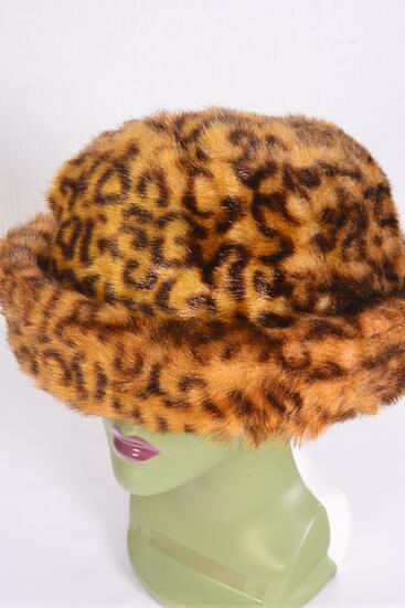 Hat Womens Large Leopard Pattern Plush Faux Fur Roll Up Bucket Hat / PC Large Leopard Pattern , OPP Bag & UPC Code