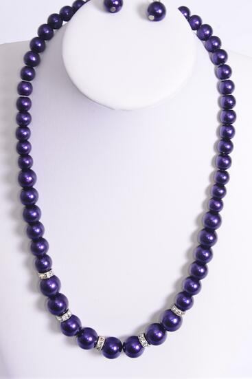 Necklace Sets Graduate from 12 mm Glass Pearls Rhinestone Bezel Purple / Sets Purple , 18" w Extension Chain , Hang tag & Opp bag & UPC Code