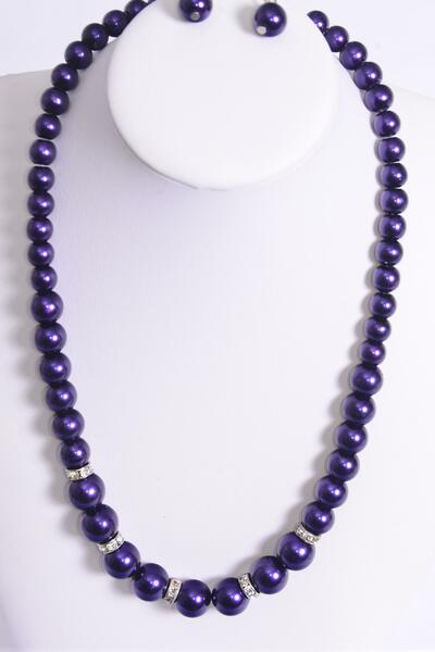 Necklace Sets Graduate from 12 mm Glass Pearls Rhinestone Bezel Purple / Sets Purple , 18" w Extension Chain , Hang tag & Opp bag & UPC Code