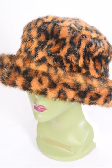 Hat Womens Leopard Plush Faux Fur Roll Up Bucket Hat / PC  Black Leopard , Opp Bag & UPC Code