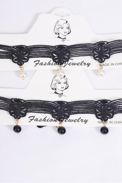 Necklace Choker Black Lace Pearl Drops /  12 pcs = Dozen Size - 16" Extension Chain , 6 Black , 6 White Pearl Mix , Display Card & OPP Bag & UPC Code