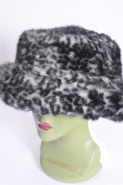 Hat Womens Leopard Plush Faux Fur Roll Up Bucket Hat / PC W OPP Bag , Choose Patterns