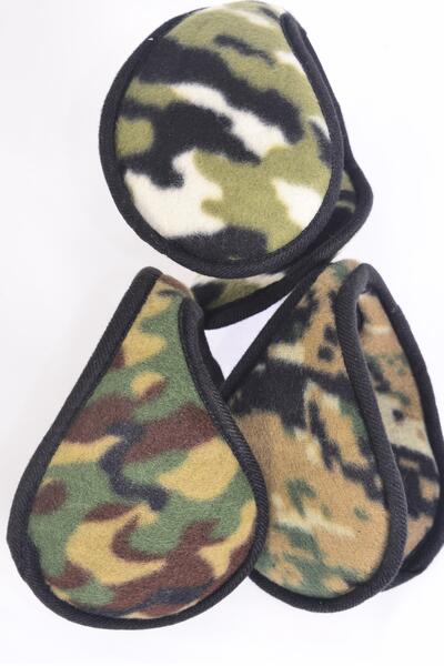 Earmuffs Polar Fleece Camouflage Flexible / 12 pcs = Dozen  Camo , Flexible , 4 of each Pattern Asst , Hang Tag & UPC Code