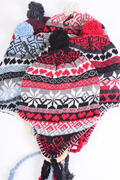 Hat Winter Knit Hat Snowflake Fleece Inside / 12 pcs = Dozen Colors - 3 Red , 3 Black , 2 Beige , 2 Blue , 2 Gray Color Asst , OPP Bag and UPC Code
