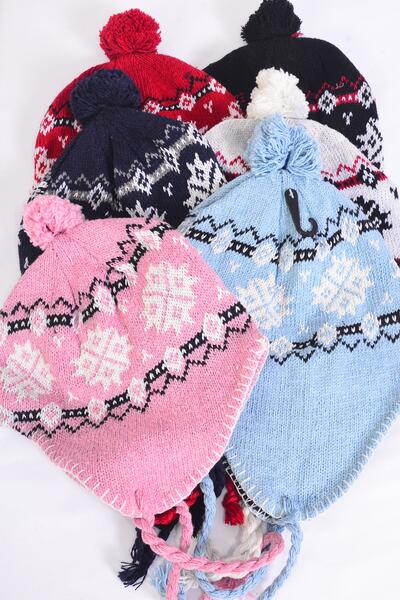 Winter Knit Hat Snowflake Fleece Inside For Kids / 12 pcs = Dozen  Colors- 2 Pink  , 2 Blue, 2 Navy , 2 Red , 2 White , 2 Black Color Asst , OPP Bag and UPC Code
