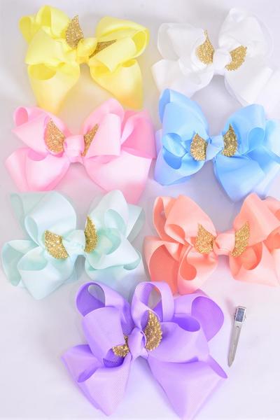 Hair Bow Jumbo Double Layered Gold Angel Wings Grosgrain Bow-tie Pastel / 12 pcs Bow = Dozen  Alligator Clip , Size- 6" x 5" , 2 White , 2 Baby Pink , 2 Lavender , 2 Blue , 2 Yellow , 1 Peach , 1 Mint Color Asst , Clip Strip & UPC Code
