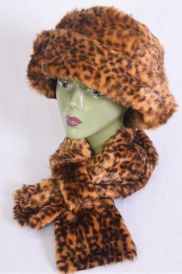 Women's Leopard Plush Faux Fur Bucket Hat & Scarf Matching Sets / Sets Scarf - 36" x 5.5 Wide , W OPP Bag