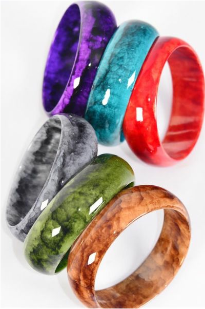 Bracelet Bangle Acrylic Marble Look Multi / 12 pcs = Dozen Size - 2.75" x 1" Wide , 2 of each Color Asst , Hang Tag & OPP Bag & UPC Code