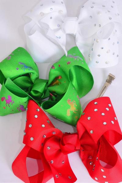 Hair Bow Jumbo Christmas Metallic Unicorn & Studded Grosgrain Bow-tie / 12 pcs Bow = Dozen Christmas , Alligator Clip , Size - 6"x 5", 4 Of Each Pattern Asst , Clip Strip & UPC Code
