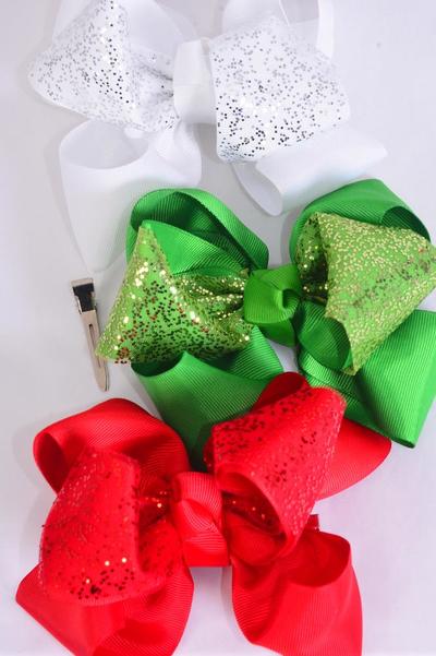 Hair Bow Jumbo XMAS Double Layered Glitter Grosgrain Bow-tie / 12 pcs Bow = Dozen Alligator Clip , Size - 6" x 5" Wide , 4 of each Color Asst , Clip Strip & UPC Code