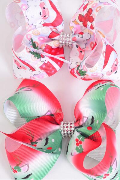 Hair Bow Jumbo Santa Reindeer Mix Grosgrain Bow-tie / 12 pcs Bow = Dozen Christmas , Alligator Clip , Size - 6" x 5" Wide , 6 Of Each Pattern Asst , Clip Strip & UPC Code