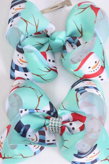 Hair Bow Jumbo Snowman Winter Wonderland Grosgrain Bow-tie / 12 pcs Bow = Dozen Snowman , Alligator Clip , Size - 6" x 5" Wide , Clip Strip & UPC Code