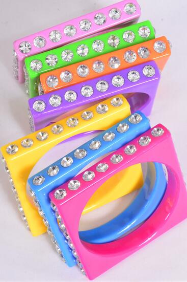 Bracelet Bangle Acrylic Square Clear Stones All Around Multi / 12 pcs = Dozen Multi , Size - 0.5" x 2.75" Dia Wide , 2 Purple , 2 Fuchsia , 2 Orange , 2 Lime , 2 Yellow , 1 Pink ,1 Blue Color Asst , Hang Tag & Opp bag 