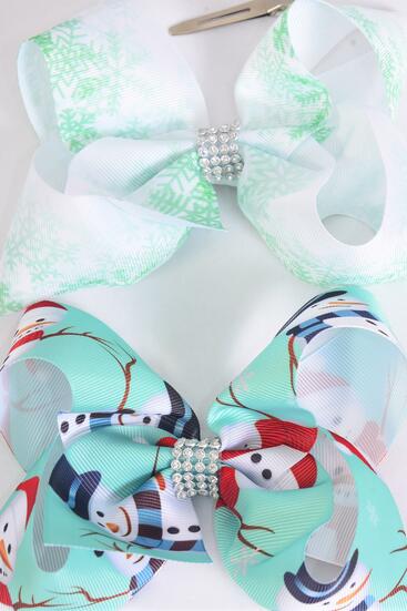 Hair Bow Jumbo Snowflake Snowman Winter Wonderland Theme Mix Grosgrain Bow-tie / 12 pcs Bow = Dozen Snowman , Alligator Clip , Size - 6" x 5" Wide , 6 Of Each Pattern Asst , Clip Strip & UPC Code