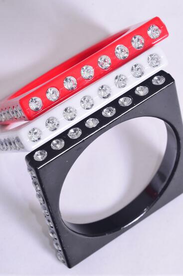 Bracelet Bangle Acrylic Square Clear Stones All Around Extra Large Red white Black Mix / 12 pcs = Dozen Red White Black Mix , Plus Size - 3" Dia Wide , 4 Red , 4 White , 4 Black Color Mix , Hang Tag & Opp bag & UPC Code 