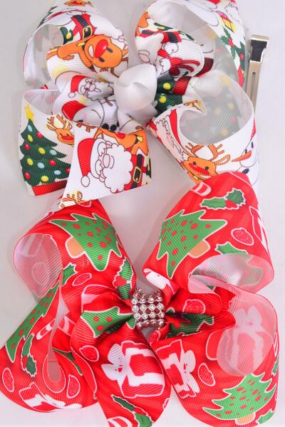 Hair Bow Jumbo XMAS Tree Santa Snowman Deer Mix Grosgrain Bow-tie / 12 pcs Bow = Dozen Christmas , Alligator Clip , Size - 6"x 5" Wide , 6 Of Each Pattern Asst , Clip Strip & UPC Code