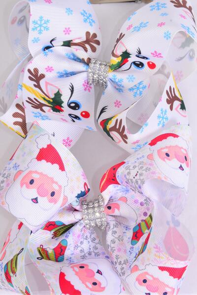 Hair Bow Jumbo Christmas  Santa W Reindeer Theme Mix Grosgrain Bow-tie / 12 pcs Bow = Dozen  Christmas , Alligator Clip , Size - 6" x 5" Wide , 6 Of Each Pattern Asst , Clip Strip & UPC Code