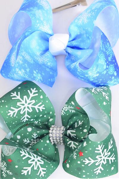 Hair Bow Jumbo Snowflake & Winter Wonderland Theme Mix Grosgrain Bow-tie / 12 pcs Bow = Dozen Christmas , Alligator Clip , Size - 6" x 5" Wide , 6 Of Each Pattern Asst , Clip Strip & UPC Code