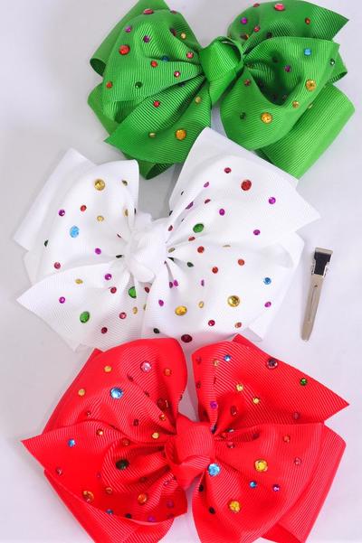 Hair Bow Jumbo XMAS Double Layered Studded Multi Color Stones Grosgrain Bow-tie / 12 pcs Bow = Dozen Christmas , Alligator Clip , Size - 6" x 5" Wide , 4 of each Pattern Asst , Clip Strip & UPC Code