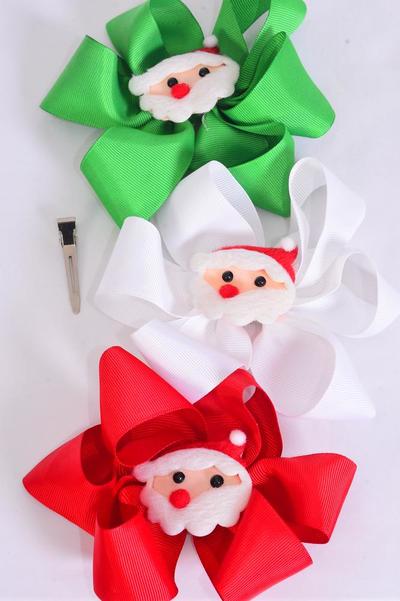 Hair Bow Jumbo Christmas Cute Santa Charm Grosgrain Bow-tie / 12 pcs Bow = Dozen Alligator Clip , Size - 6"x 6" Wide , 4 of each Color Asst , Clip Strip & UPC Code