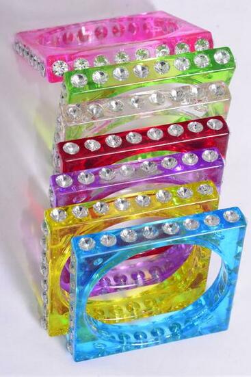 Bracelet Bangle Acrylic Square Clear Stones All Around Plus Size Transparent/DZ Transparent , Plus Size-3" Dia , 2 Yellow , 2 Clear , 2 Lime , 2 Blue , 2 Hot Pink , 1 Lavender , 1 Red Color Asst , Hang Tag & Opp Bag & UPC Code