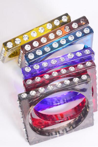 Bracelet Bangle Acrylic Square Clear Stones All Around Plus Size / 12 pcs = Dozen Plus Size - 3" Dia Wide , Choose Colours , Hang Tag & Opp bag & UPC Code