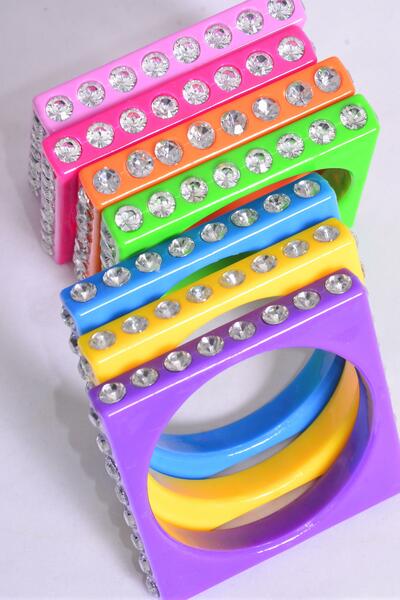 Bracelet Bangle Acrylic Square Clear Stones All Around / 12 pcs = Dozen  Size - 2.75" Dia Wide , Choose Colors , Hang Tag & Opp bag & UPC Code