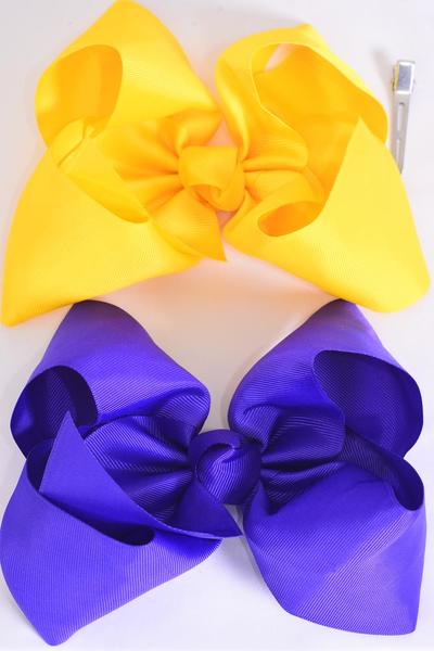 Hair Bow Jumbo Purple & Yellow Alligator Clip Grosgrain Bow-tie / 12 Pcs Bow = Dozen Alligator Clip , Size - 6" x 5" Wide , 6 of each Pattern Asst , Clip Strip & UPC Code