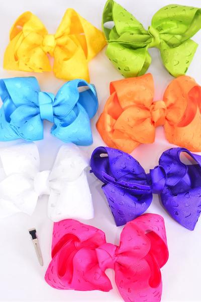 Hair Bow Jumbo Double Layered Heart Citrus Grosgrain Bow-tie / 12 pcs Bow = Dozen Alligator Clip , Size - 6" x 5" Wide , 2 White , 2 Fuchsia , 2 Purple , 2 Yellow , 2 Blue , 1 Lime ,1 Orange Color Asst , Clip Strip & UPC Code