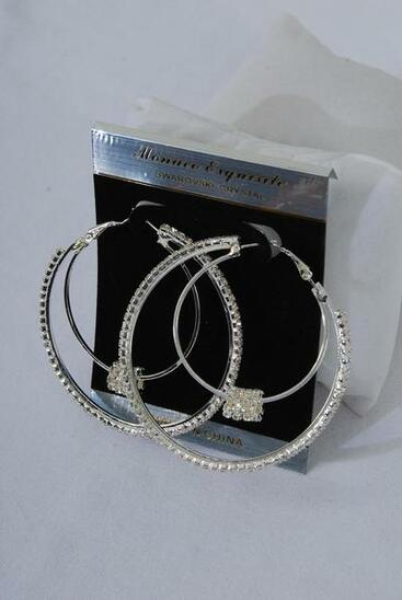 Earring Boutique Double Loops Silver Moving Rhinestone / PC Silver , Post , Size - 2.25" Wide , Earring card & OPP bag & UPC Code 
