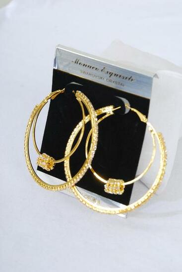 Earring Boutique Double Loops Moving Rhinestone Gold / PC Post , Size-2.25" Wide , Earring card & OPP Bag & UPC Code 