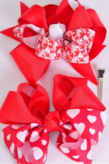 Hair Bow Jumbo Hearts Grosgrain Bow-tie / 12 pcs Bow = Dozen  Alligator Clip , Size - 6" x 5" Wide , 6 of each Pattern Asst , Clip Strip and UPC Code