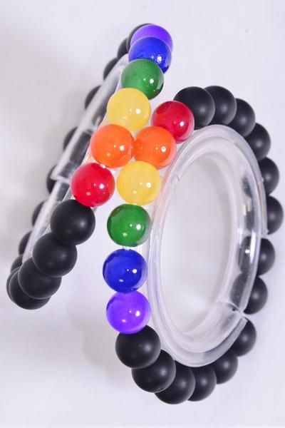 Bracelet 10 mm Black Glass Bead W Rainbow Color Bead Mix Stretch / 12 pcs = Dozen Stretch , Hang Tag & OPP bag & UPC Code