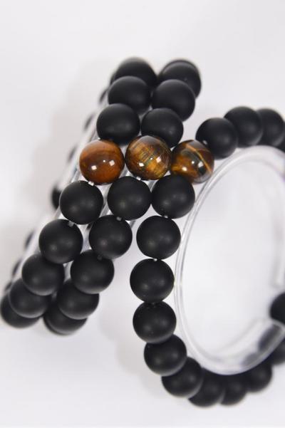 Bracelet 10 mm Black Glass Bead & Tiger Eye Gemstone Stretch / 12 pcs = Dozen Stretch , Hang Tag & OPP Bag and UPC Code