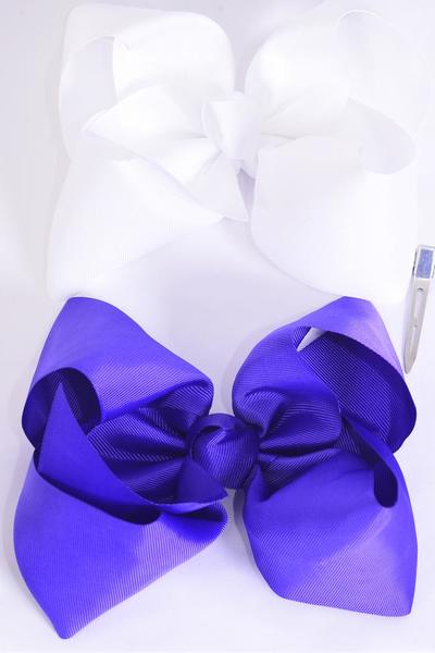 Hair Bow Extra Jumbo Cheer Type Bow Violet & White Mix Grosgrain Bow-tie / 12 pcs Bow = Dozen  Alligator Clip , Size - 8" x 7" Wide , 6 Ultra Violet , 6 White Color Asst , Clip Strip & UPC Code