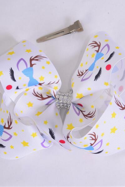 Hair Bow Jumbo Reindeer Grosgrain Bow-tie / 12 pcs Bow = Dozen  Reindeer , Alligator Clip , Size - 6" x 5" Wide , Clip Strip & UPC Code