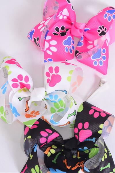 Hair Bow Jumbo Paw Print Dog Bone Mix Grosgrain Bow-tie /  12 pcs Bow = Dozen  Paw Print , Alligator Clip , Bow - 6" x 5" Wide , 4 of each Pattern Asst , Clip Strip & UPC Code