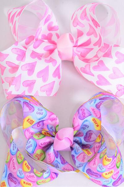 Hair Bow Jumbo Hugg & Kiss Heart & Love Words Mix Grosgrain Bow-tie / 12 pcs Bow = Dozen Alligator Clip , Size - 6" x 5" Wide , 6 of each Pattern Asst , Clip Strip & UPC Code