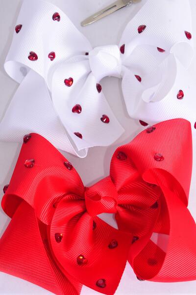 Hair Bow Jumbo Heart Studded Grosgrain Bow-tie / 12 pcs Bow = Dozen Alligator Clip , Size - 6" x 5" Wide , 6 of each Pattern Asst , Clip Strip & UPC Code