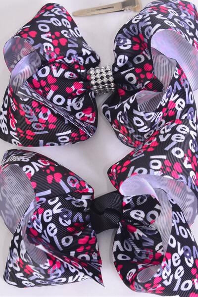 Hair Bow Jumbo Love Words Grosgrain Bow-tie / 12 pcs Bow = Dozen Alligator Clip , Size - 6" x 5" Wide , 6 Of Each Pattern Asst , Clip Strip & UPC Code