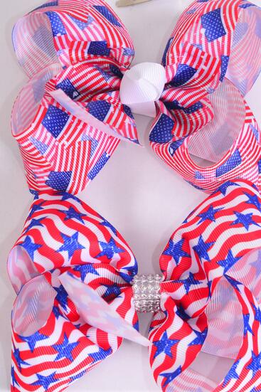 Hair Bow Jumbo Patriotic Flag Star Mix Grosgrain Bow-tie / 12 pcs Bow = Dozen  Alligator Clip ,  Bow - 6" x 5" Wide , 6 of each Pattern Asst , Clip Strip & UPC Code