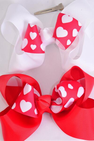 Hair Bow Jumbo Double Layered Center Heart Print Grosgrain Bow-tie / 12 pcs Bow = Dozen Alligator Clip , Size - 6" x 5" Wide , 6 of each Pattern Asst , Clip Strip & UPC Code