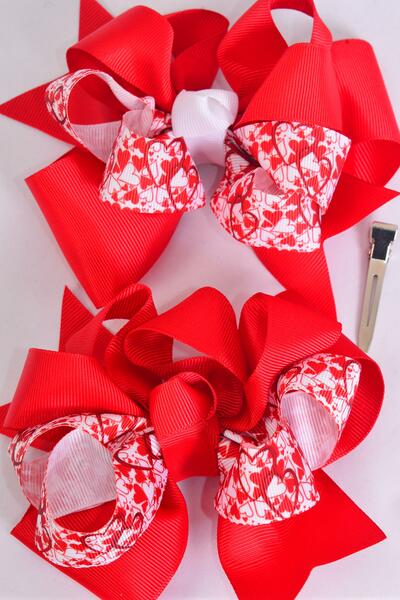 Hair Bow Jumbo Double Layered Hearts Grosgrain Bow-tie / 12 pcs Bow Dozen Alligator Clip , Size - 6" x 5" Wide , 6 of each Pattern Asst , Clip Strip & UPC Code