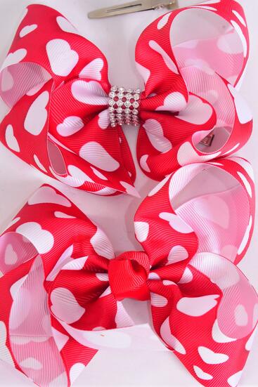 Hair Bow Jumbo Red Hearts Grosgrain Bow-tie / 12 pcs Bow Dozen Alligator Clip , Size - 6" x 5" Wide , 6 of each Pattern Asst , Clip Strip & UPC Code