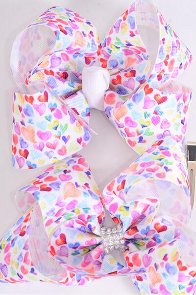 Hair Bow Jumbo Multi Hearts Grosgrain Bow-tie / 12 pcs Bow = Dozen Alligator Clip , Size - 6" x 5" Wide , Clip Strip & UPC Code