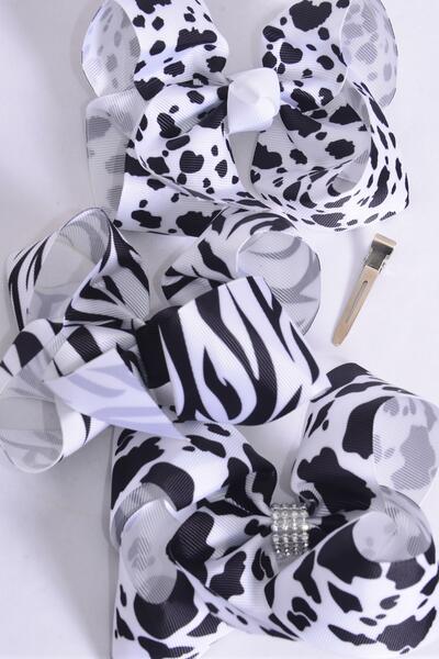  Hair Bow Jumbo Cow Zebra Leopard Pattern Mix Grosgrain Bow-tie / 12 pcs Bow = Dozen  Alligator Clip , Size - 6" x 5" Wide , 4 of each Pattern Asst , Clip Strip & UPC Code