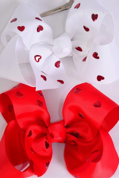Hair Bow Jumbo Red Heart Metallic Studded Grosgrain Bow-tie / 12 pcs Bow = Dozen Alligator Clip , Size - 6" x 5", Alligator Clip , 6 Red , 6 White Color Asst , Clip Strip & UPC Code