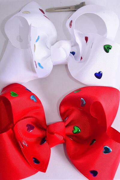 Hair Bow Jumbo Metallic Studded Hearts Grosgrain Bow-tie Red White Mix / 12 pcs Bow = Dozen Alligator Clip , Size - 6" x 5" Wide , 6 Red , 6 White Asst , Clip Strip & UPC Code